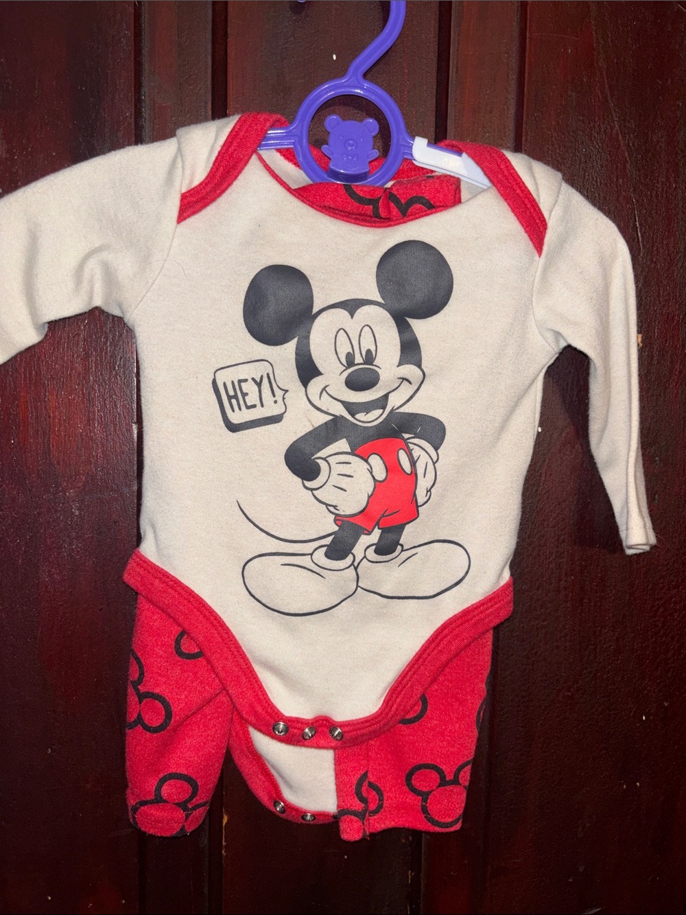 Disney Mickey Mouse Cream and Red Long-Sleeve One-Piece Bodysuit